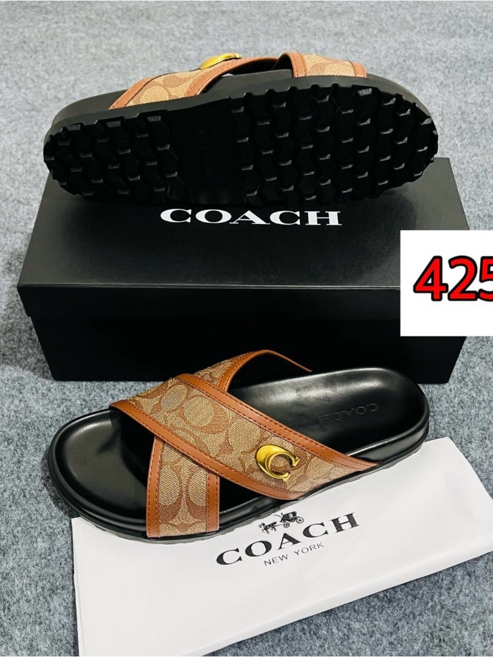 Coach Brown Signature Canvas Cross-Strap Slide Sandals with Gold Accent